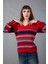 Kadın Kırmızı Çizgili V Yaka Şönil Kadife Triko Kazak 2