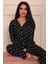 Kadın Puantiye Desenli Önü Düğmeli Uzun Kol Altı Uzun Süet Pijama Takımı 1