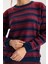 Kadın Bordo-Laci Çizgili Çapraz Kontrast Dikiş Detaylı Şönil Kadife Triko Kazak 4