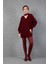 Kadın Bordo Simli Selanik Örgü Reglan Balon Kollu Choker Yaka Triko Kazak 1
