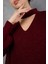 Kadın Bordo Simli Selanik Örgü Reglan Balon Kollu Choker Yaka Triko Kazak 8