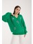 Kadın Yeşil Sakal Iplik Balon Kollu Boncuk Nakışlı V Yaka Triko Kazak 4
