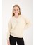 Kadın Ekru Sakal Iplik Balon Kollu Taş ve Inci Detaylı V Yaka Triko Kazak 1
