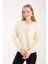 Kadın Ekru Sakal Iplik Balon Kollu Taş ve Inci Detaylı V Yaka Triko Kazak 6