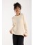 Kadın Ekru Reglan Kol ve Tek Düğmeli Manşetler Bisiklet Yaka Simli Triko Kazak 4