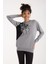 Kadın Gri Elit Viskon Kumaş Taş Detaylı Bisiklet Yaka Triko Bluz 1