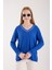 Kadın Saks Mavisi Kontrast Biyeli ve Yan Yırtmaçlı V Yaka Triko Bluz 1