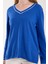 Kadın Saks Mavisi Kontrast Biyeli ve Yan Yırtmaçlı V Yaka Triko Bluz 5