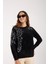Kadın Siyah Sakal Iplik Boncuk Nakışlı Bisiklet Yaka Triko Bluz 1