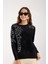 Kadın Siyah Sakal Iplik Boncuk Nakışlı Bisiklet Yaka Triko Bluz 4