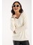 Kadın Ekru Elit Viskon Kumaş Kontrast Sim Biyeli V Yaka Triko Bluz 2