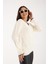 Kadın Ekru Elit Viskon Kumaş Kontrast Sim Biyeli V Yaka Triko Bluz 3