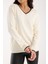 Kadın Ekru Elit Viskon Kumaş Kontrast Sim Biyeli V Yaka Triko Bluz 4