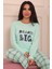 Kadın Dream Big Sloganlı Bisiklet Yaka Uzun Kol Altı Uzun Penye Pijama Takımı 1