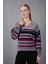 Kadın Gri Çizgili V Yaka Şönil Kadife Triko Kazak 1