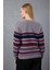 Kadın Gri Çizgili V Yaka Şönil Kadife Triko Kazak 4