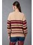 Kadın Açık Bej Çizgili V Yaka Şönil Kadife Triko Kazak 4