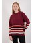 Kadın Bordo Çizgili Bisiklet Yaka Şönil Kadife Triko Kazak 1
