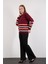 Kadın Bordo Çizgili Bisiklet Yaka Şönil Kadife Triko Kazak 7