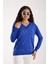 Kadın Saks Mavisi Elit Viskon Kumaş Taş Detaylı Sim Biyeli Yan Yırtmaçlı V Yaka Triko Bluz 1