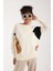 Kadın Ekru Viskon Kumaş Renk Bloklu Kayık Yaka Triko Bluz 1