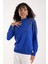 Kadın Saks Mavisi Viskon Kumaş Taş Detaylı Omuzlar Yarım Balıkçı Yaka Triko Bluz 1