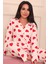 Kadın Kalp Desenli Önü Düğmeli Uzun Kol Altı Uzun Süet Pijama Takımı 2
