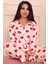 Kadın Kalp Desenli Önü Düğmeli Uzun Kol Altı Uzun Süet Pijama Takımı 4