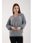 Kadın Gri Sakal Iplik Balon Kollu Boncuk Nakışlı V Yaka Triko Kazak 1