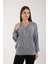 Kadın Gri Sakal Iplik Balon Kollu Boncuk Nakışlı V Yaka Triko Kazak 2