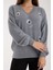 Kadın Gri Sakal Iplik Balon Kollu Boncuk Nakışlı V Yaka Triko Kazak 4