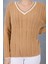 Kadın Bej Sakal Iplik Kontrast Biyeli V Yaka Triko Kazak 5