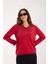 Kadın Kırmızı Viskon Kumaş Taş Detaylı Kontrast Sim Biyeli V Yaka Triko Bluz 1