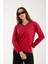 Kadın Kırmızı Viskon Kumaş Taş Detaylı Kontrast Sim Biyeli V Yaka Triko Bluz 6