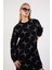 Kadın Siyah Yan Yırtmaçlı Bisiklet Yaka Sim Desenli Triko Bluz 3