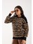 Kadın Siyah-Bej Sakal Iplik Çizgili Bisiklet Yaka Triko Kazak 2