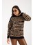 Kadın Siyah-Bej Sakal Iplik Çizgili Bisiklet Yaka Triko Kazak 5