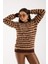 Kadın Kahve-Bej Sakal Iplik Çizgili Bisiklet Yaka Triko Kazak 1
