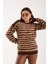 Kadın Kahve-Bej Sakal Iplik Çizgili Bisiklet Yaka Triko Kazak 2