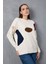 Kadın Beyaz Şönil Kadife Renk Bloklu Bisiklet Yaka Triko Kazak 3