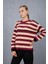 Kadın Bordo-Krem Çizgili Şönil Kadife Bisiklet Yaka Omuzda Düğme Detaylı Triko Kazak 3