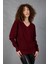 Kadın Bordo Simli Selanik Örgü Baklava Desenli Geniş Manşetli V Yaka Triko Kazak 4