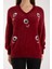 Kadın Bordo Sakal Iplik Balon Kollu Boncuk Nakışlı V Yaka Triko Kazak 3