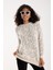 Kadın Ekru Simli Sakal Iplik Yan Yırtmaçlı Bisiklet Yaka Triko Kazak 1