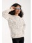Kadın Ekru Simli Sakal Iplik Yan Yırtmaçlı Bisiklet Yaka Triko Kazak 2