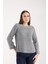 Kadın Gri Reglan Kol ve Tek Düğmeli Manşetler Bisiklet Yaka Simli Triko Kazak 5