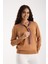 Kadın Bej Elit Viskon Kumaş Kontrast Şeritli Bisiklet Yaka Triko Bluz 1