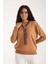 Kadın Bej Elit Viskon Kumaş Kontrast Şeritli Bisiklet Yaka Triko Bluz 3