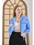 Kadın Ceket Çift Cepli Bel Boy Fermuarlı Şardonlu Ceket Bebe Mavi - D005 3