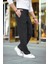 Erkek Cizgili Dokuma Krep Jogger Buggy Pantalon Rahat Kalıp - Siyah 1